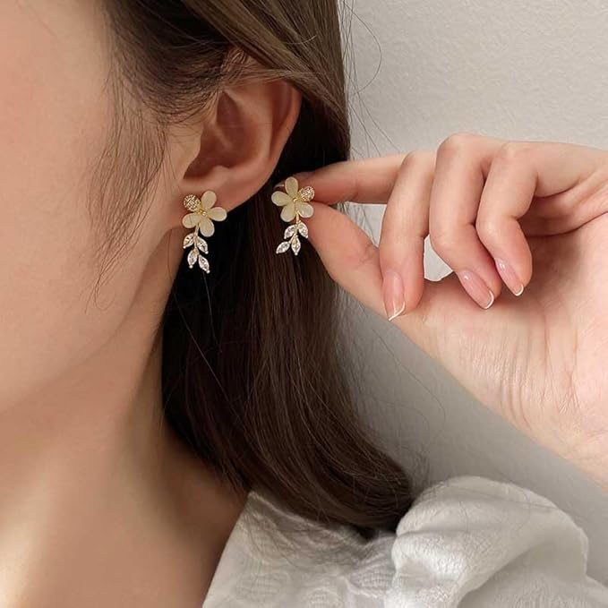 Leaves Crystal Flower Stud Earrings